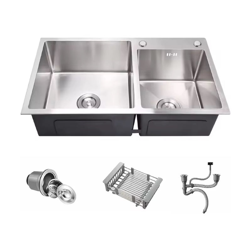 Évier de cuisine double en acier inoxydable 78 × 43 cm